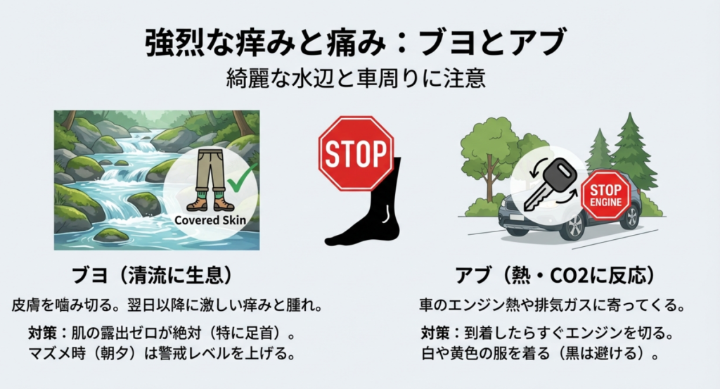 きれいな水辺に潜むブヨと車の熱に寄るアブへの対策。肌の露出を避ける服装やエンジンを切る重要性を解説