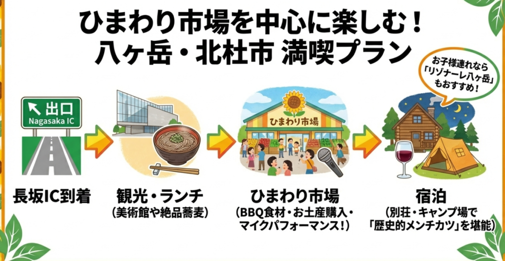 ひまわり市場での買い出しや八ヶ岳でのキャンプ・コテージ泊を楽しむ観光イメージ