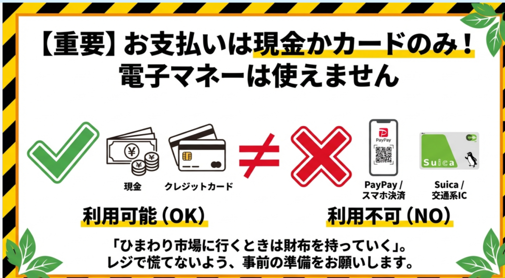 ひまわり市場では現金とクレジットカードのみ利用可能で、PayPayやSuicaは使えない