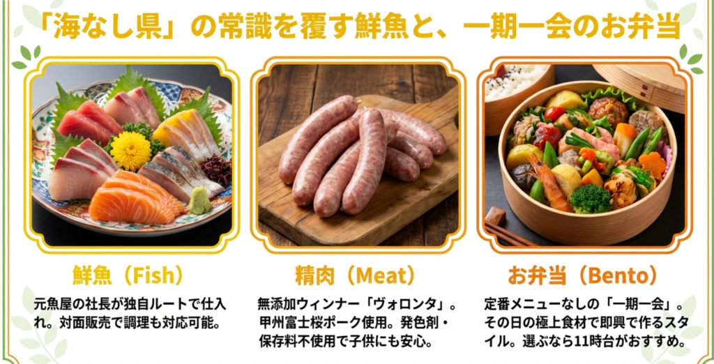 ひまわり市場の新鮮な刺身盛り合わせ、無添加ヴォロンタウィンナー、日替わり弁当