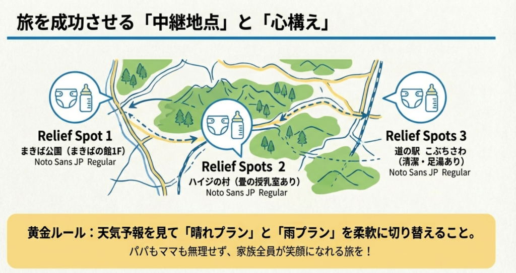 まきば公園、ハイジの村、道の駅こぶちさわの授乳室・おむつ替えスポットの位置関係マップ。天候に合わせてプランを切り替える旅の黄金ルール
