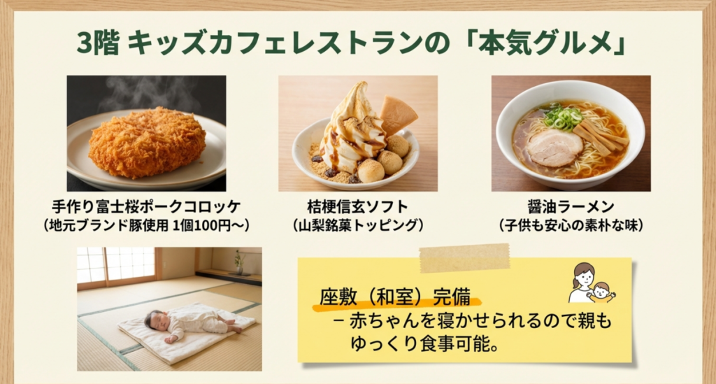 キッズカフェレストランの手作りコロッケや信玄ソフトなどの人気メニューと赤ちゃん連れに優しい座敷の様子