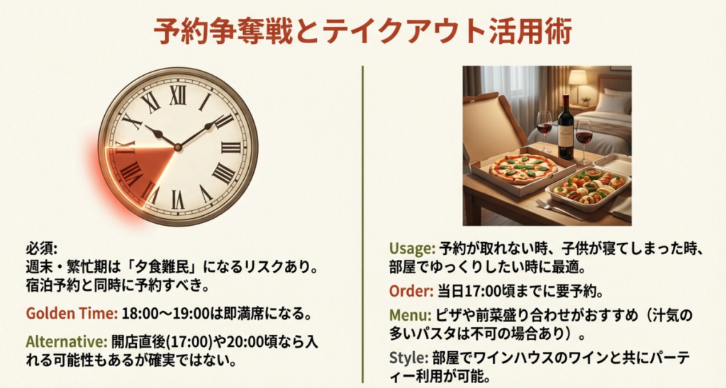 テイクアウト用のピザ箱と料理のイラスト、混雑時の予約時間帯と部屋食の提案