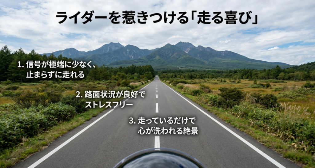 ライダーを惹きつける八ヶ岳の魅力:信号がない快走路、良好な路面、心が洗われる絶景