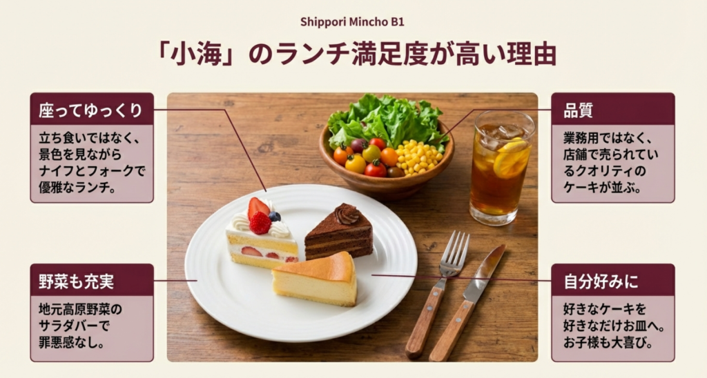 ランチセットで楽しめるシャトレーゼのケーキと地元野菜のサラダバープレート