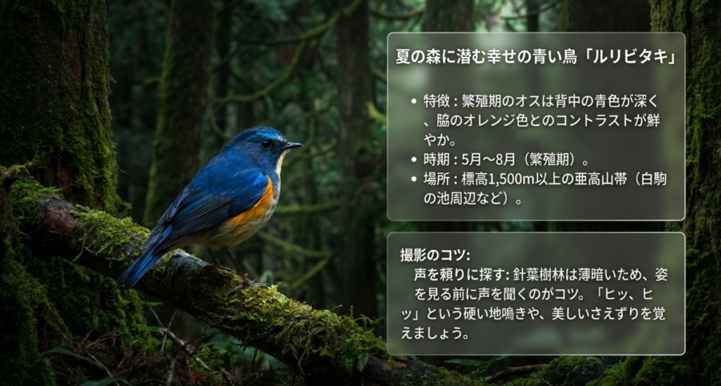 ルリビタキの繁殖期（5月〜8月）の特徴と、標高1,500m以上の針葉樹林で「ヒッ、ヒッ」という地鳴きを頼りに探すポイント。