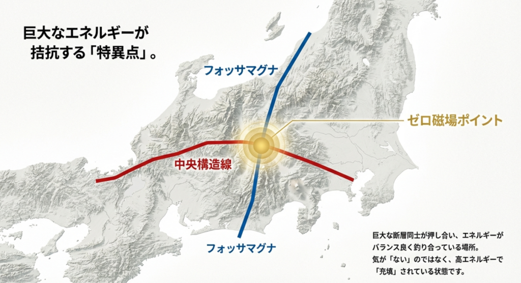 中央構造線とフォッサマグナが交差するゼロ磁場の仕組みとエネルギーの拮抗図解