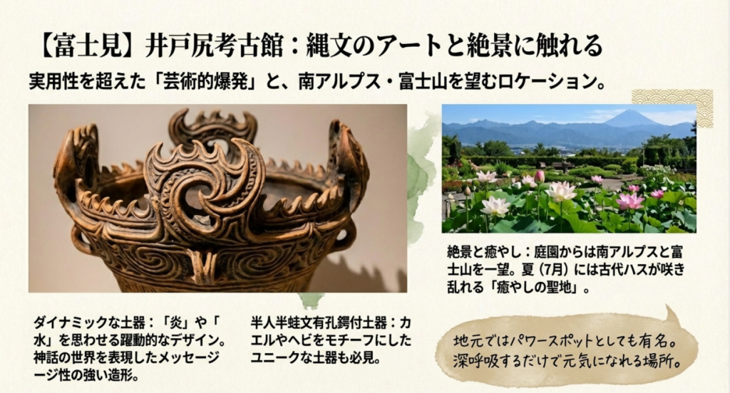 井戸尻考古館のダイナミックな縄文土器と、庭園から望む南アルプス・富士山の絶景ロケーション。