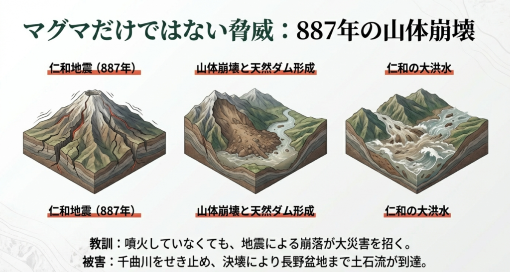 仁和地震によって発生した八ヶ岳の山体崩壊と、天然ダム形成から洪水に至るプロセスを描いたイラスト