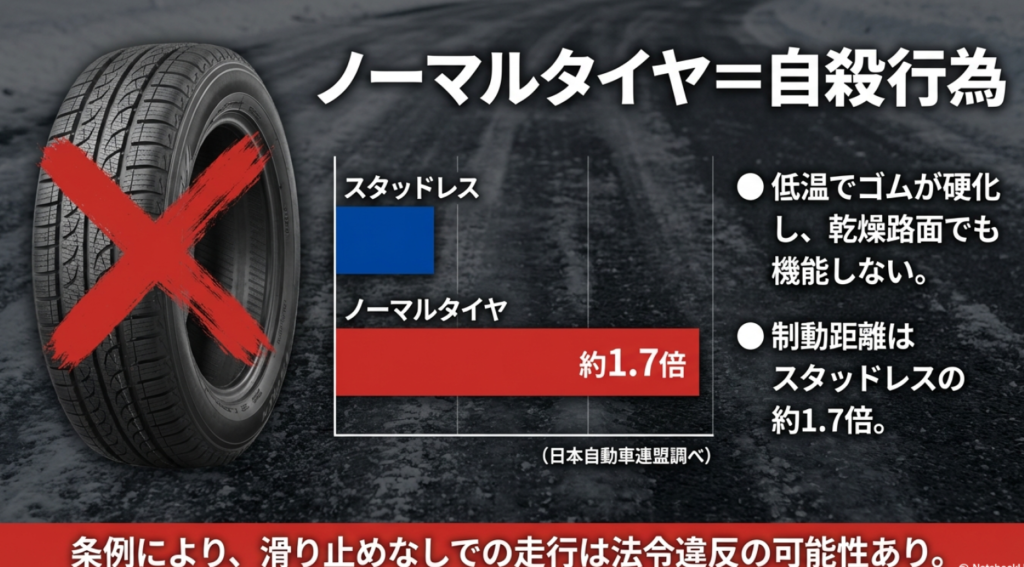 低温でゴムが硬化するノーマルタイヤはスタッドレスの約1.7倍の制動距離になり危険