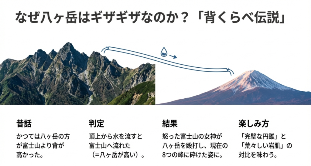 八ヶ岳がギザギザな理由「背くらべ伝説」。昔は富士山より高く、怒った女神に殴打されたという昔話