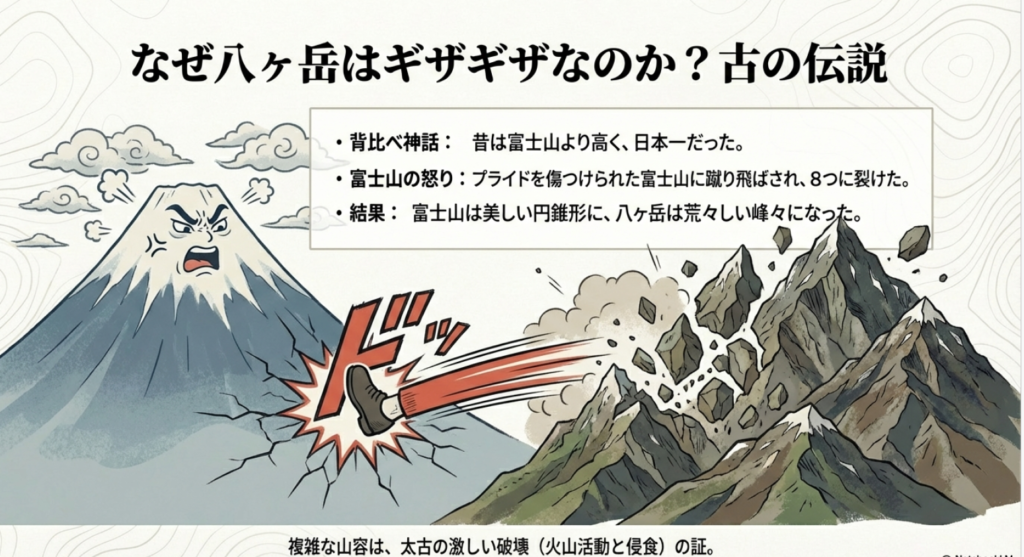 八ヶ岳が富士山に蹴られて8つに裂けたという「背比べ神話」のイラスト解説