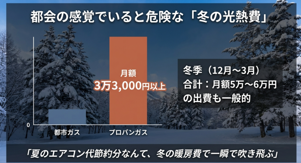 八ヶ岳の冬の光熱費の現実：12月から3月は月額5万〜6万円の出費が一般的であることを示すグラフ