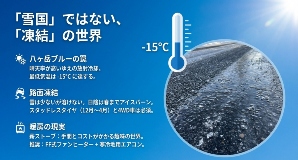 八ヶ岳の冬は雪国ではなく凍結の世界。路面凍結と暖房対策の重要性