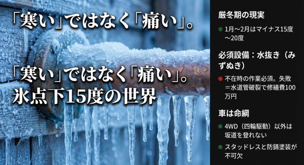 八ヶ岳の厳しい冬：マイナス15度の世界、水抜き作業と4WD車の必要性