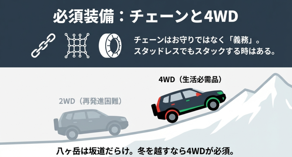 八ヶ岳の坂道では4WDが生活必需品であり 、チェーンはお守りではなく義務であると解説したスライド