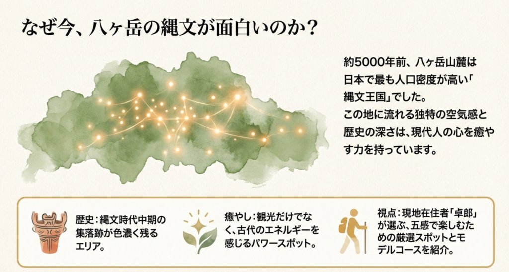 八ヶ岳山麓が縄文王国と呼ばれる歴史的背景と、癒やしやパワースポットとしての魅力を解説したスライド