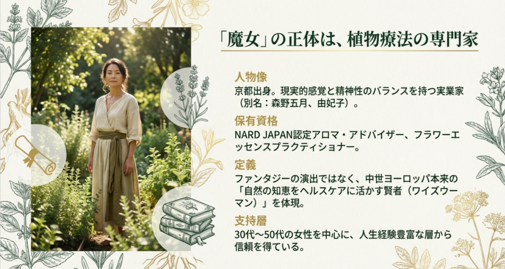 八ヶ岳の魔女メイのプロフィール：NARD JAPAN認定アロマ・アドバイザーなどの保有資格と京都出身の実業家としての顔