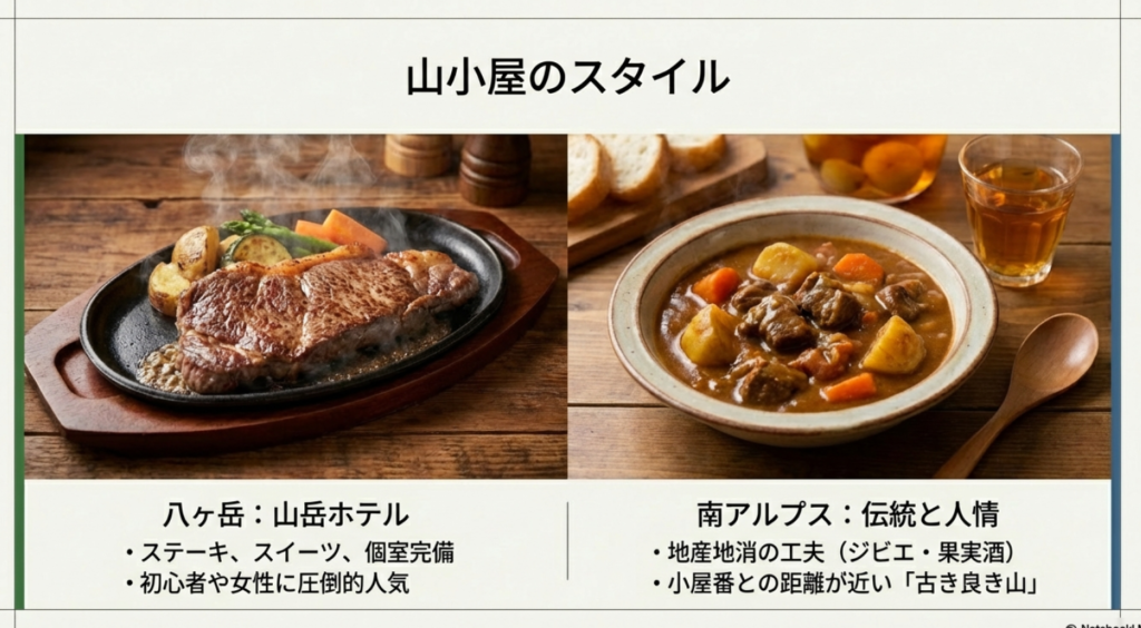 八ヶ岳はステーキやスイーツがある山岳ホテルスタイル、南アルプスはジビエなど地産地消の伝統的な小屋