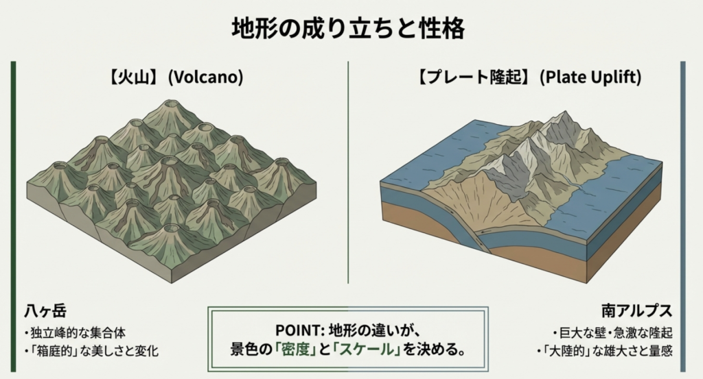 八ヶ岳は火山による独立峰的な集合体、南アルプスはプレート隆起による巨大な壁であることを示す比較