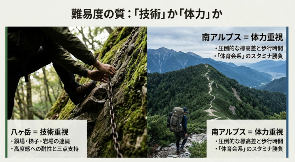 八ヶ岳は鎖場などの技術重視、南アルプスは標高差と歩行時間の体力重視であることを比較