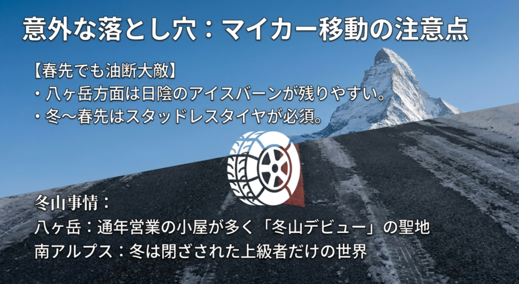 八ヶ岳方面への冬から春先のマイカー移動にはスタッドレスタイヤが必須であることを警告