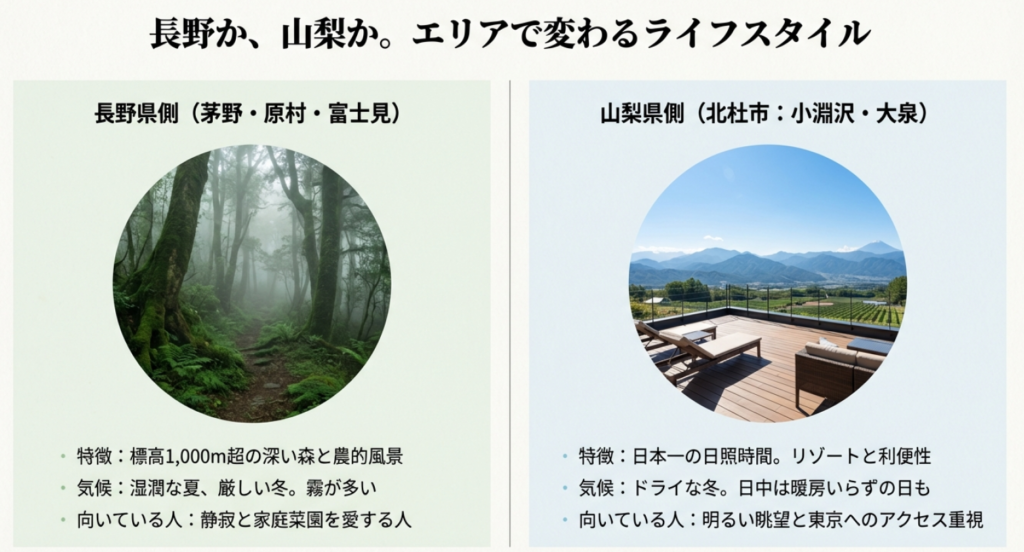 八ヶ岳移住エリア比較：長野県（原村・茅野）の深い森と山梨県（北杜市）の明るい眺望