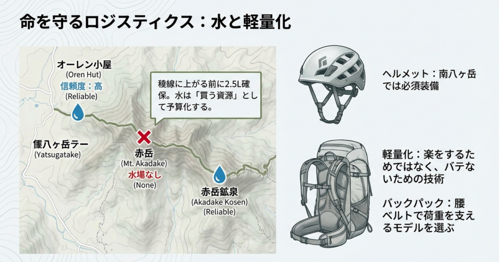 八ヶ岳縦走の水場信頼度リストと必須装備(ヘルメット・腰ベルト付きザック)の解説
