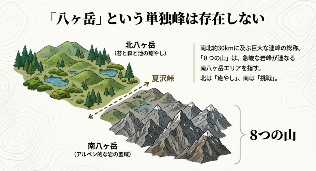 八ヶ岳連峰の定義：癒やしの北八ヶ岳と挑戦の南八ヶ岳（8つの山）のエリア区分