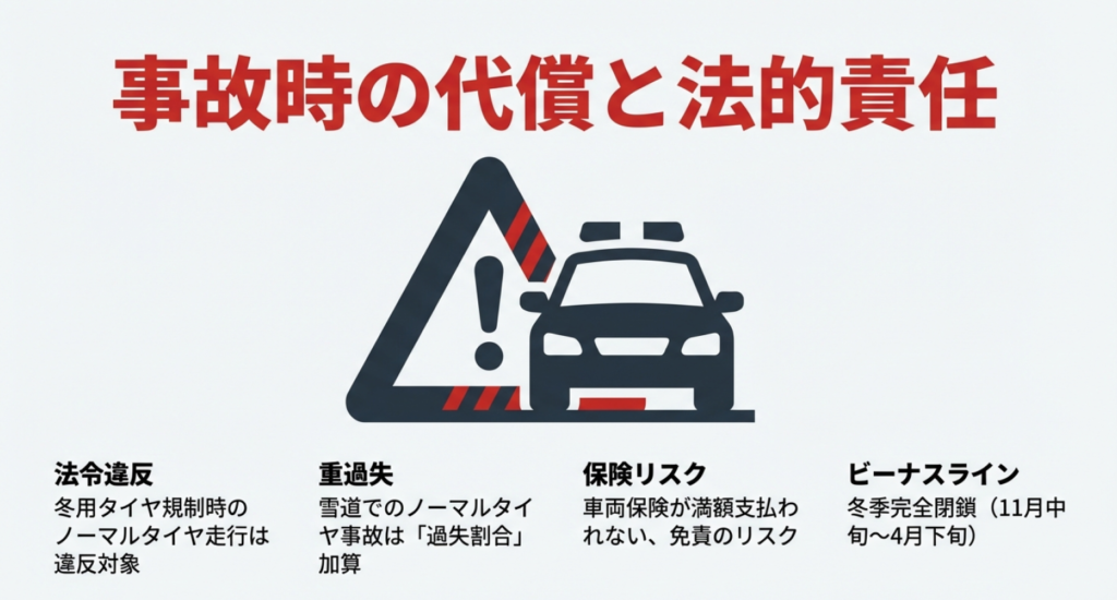冬用タイヤ規制時のノーマルタイヤ走行による法令違反 、重過失 、保険の免責リスク