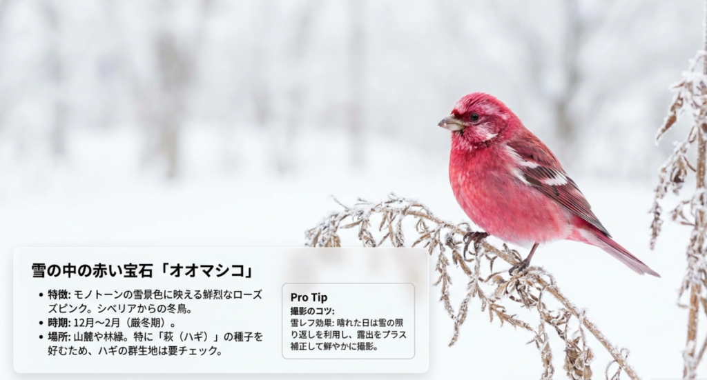 冬鳥オオマシコの特徴、出現時期（12月〜2月）、ハギの実を好む習性や、雪の照り返しを利用した撮影テクニックの解説