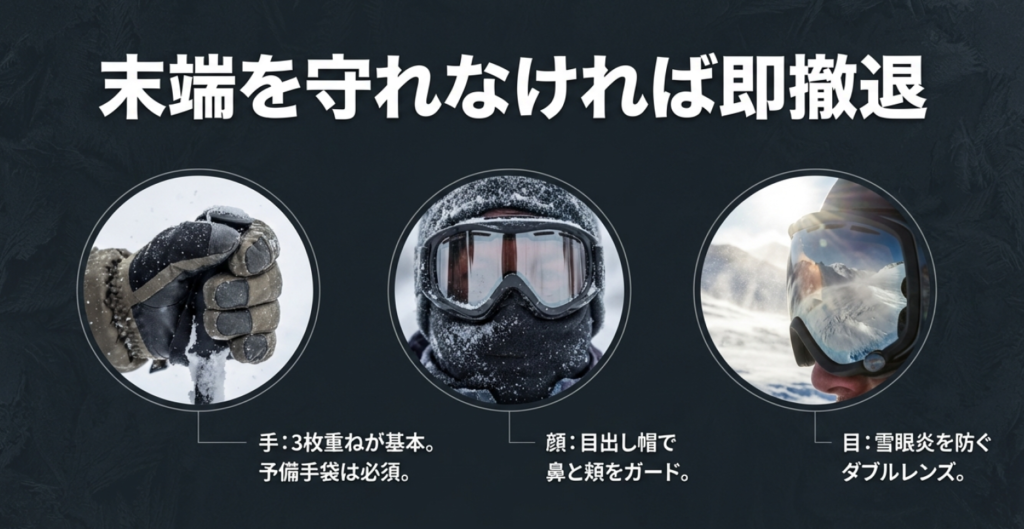 凍傷や雪眼炎を防ぐための手袋3枚重ね、目出し帽、ダブルレンズゴーグルの必須装備