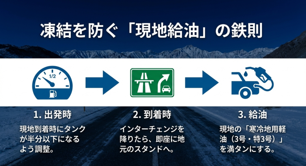 凍結を防ぐため到着時にタンクを半分以下にし、現地の寒冷地用軽油を満タンにする給油の鉄則