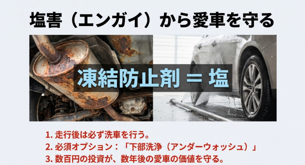 凍結防止剤(塩カル)による塩害サビと下部洗浄の重要性