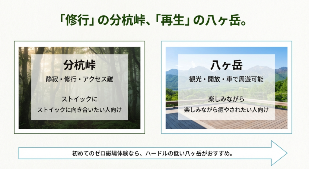 分杭峠(修行・静寂)と八ヶ岳(観光・開放)のゼロ磁場スポットとしての特徴比較
