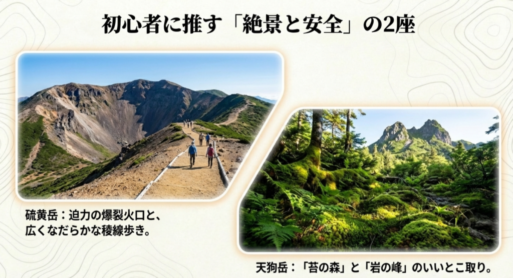 初心者におすすめの山：爆裂火口の硫黄岳と苔と岩の天狗岳