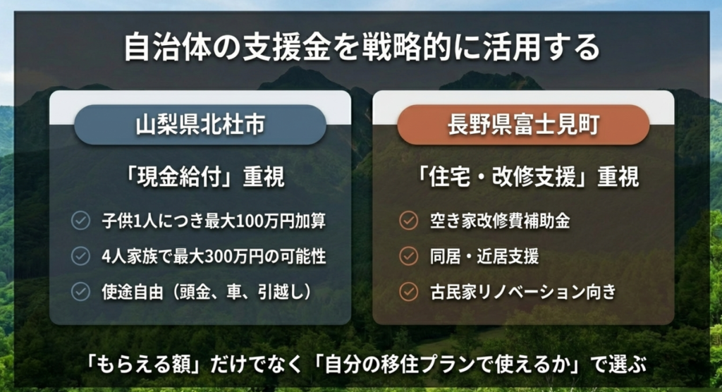 北杜市の子供1人最大100万円加算給付と、富士見町の住宅・改修支援重視の補助金比較チャート