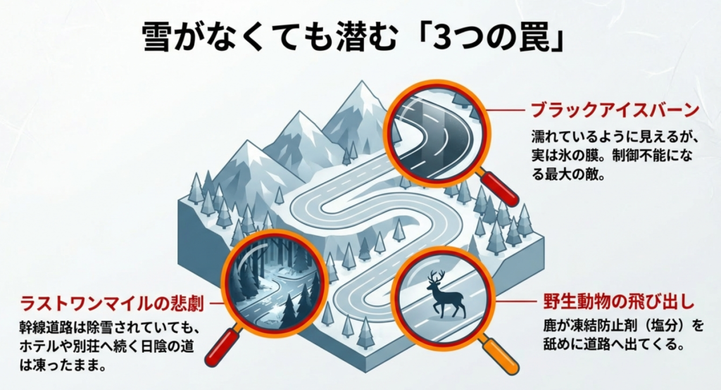 北杜市の運転注意点。ブラックアイスバーン、日陰の凍結、野生動物の飛び出しに警戒が必要