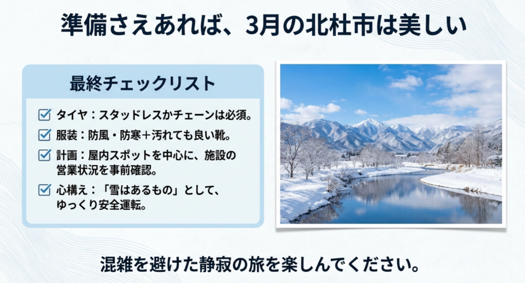 北杜市旅行の必需品リスト。スタッドレスタイヤ、防寒着、事前の計画で安全な旅を