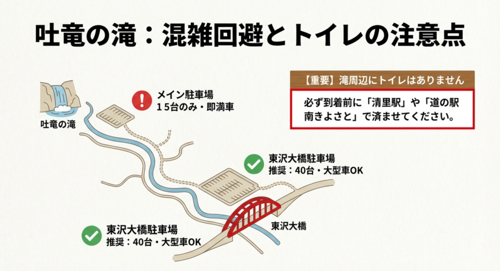 吐竜の滝周辺の駐車場マップとトイレ注意点