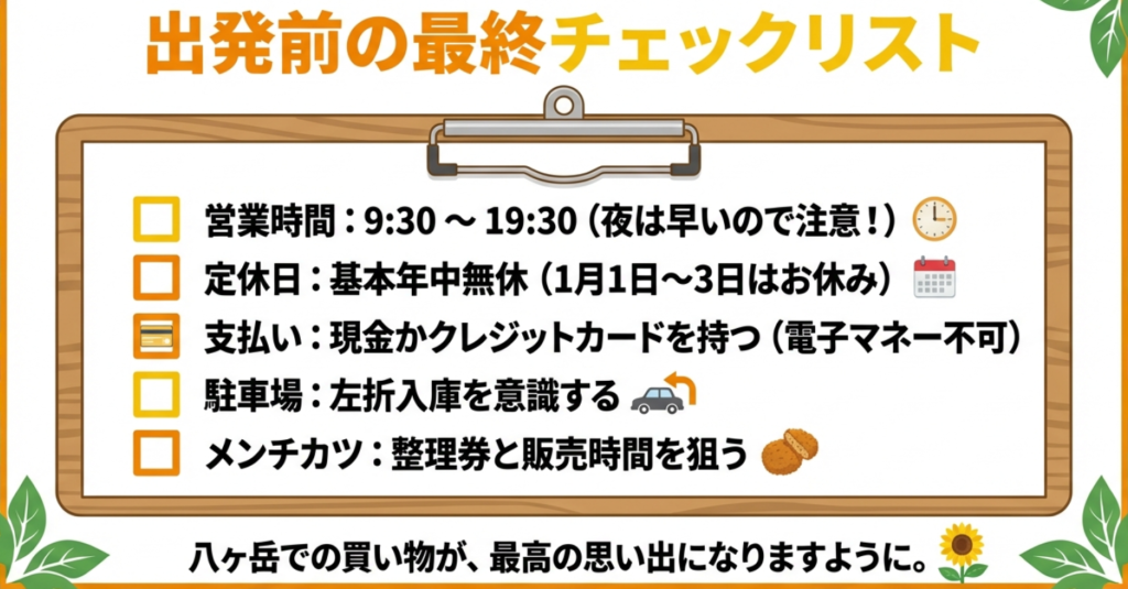 営業時間、定休日、支払い方法、駐車場など、出発前に確認すべき項目のまとめ
