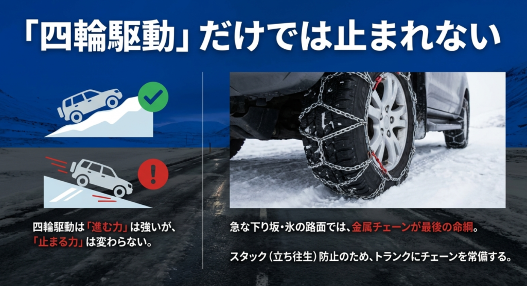 四輪駆動でも止まる力は変わらないため、急な下り坂や氷の路面では金属チェーンが命綱になる