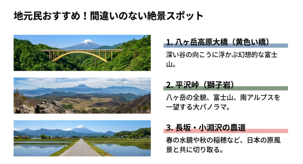 地元民おすすめの絶景スポット3選。八ヶ岳高原大橋、平沢峠、長坂・小淵沢の農道からの富士山の眺め