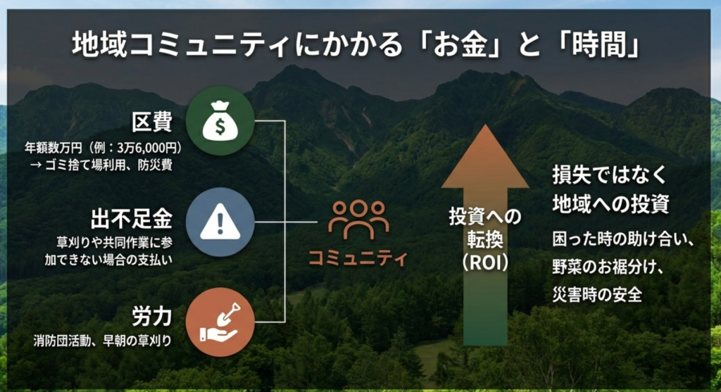 地域コミュニティにかかる区費や出不足金などのコストと、それによるセーフティーネットとしての投資対効果(ROI)