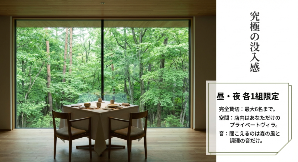 大きな窓から八ヶ岳の森を一望できる、1日1組限定の完全貸切個室のテーブル席