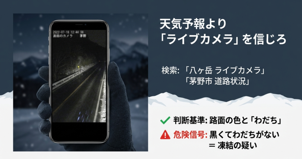 天気予報ではなくライブカメラを信じ 、路面の色やわだちがない場合は凍結の疑いがあるという判断基準