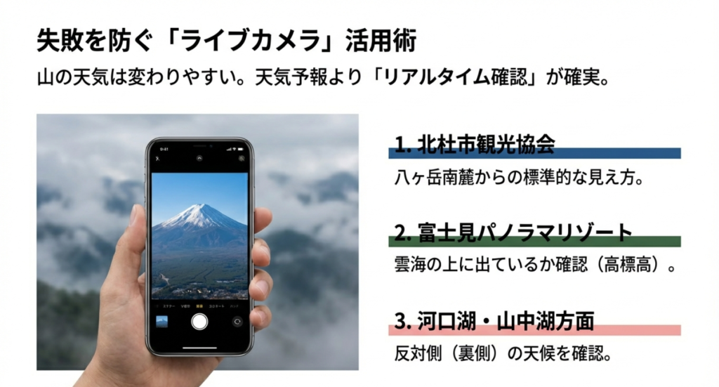 失敗を防ぐライブカメラ活用術。北杜市観光協会、富士見パノラマリゾート、河口湖方面の確認ポイント