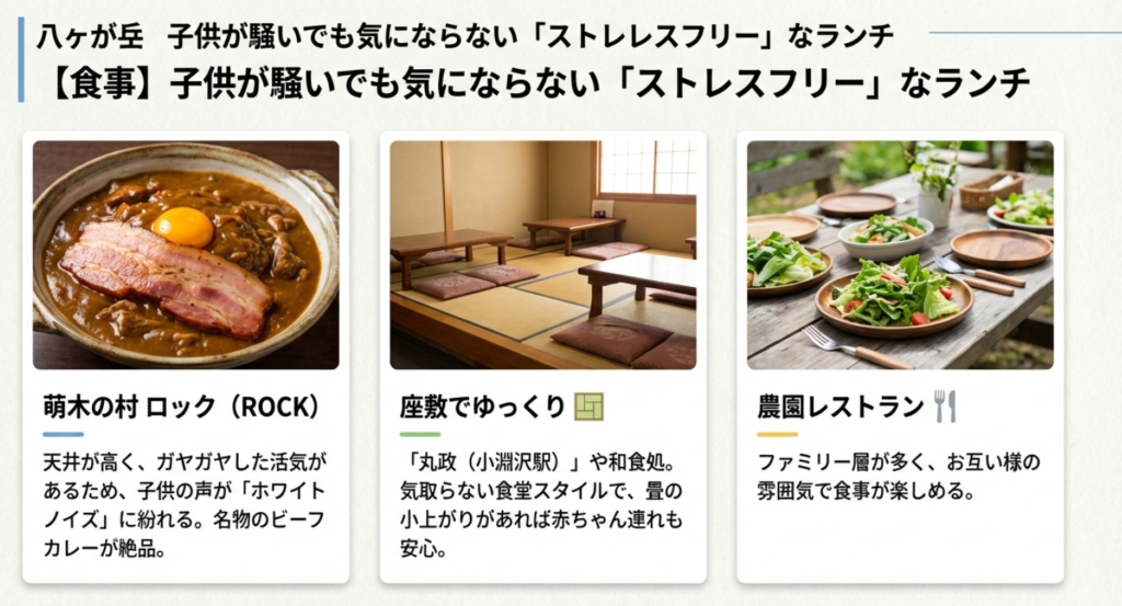 子供が騒いでも安心な「萌木の村ROCK」のカレーや、座敷がある和食店など、ストレスフリーなランチ情報のまとめ。