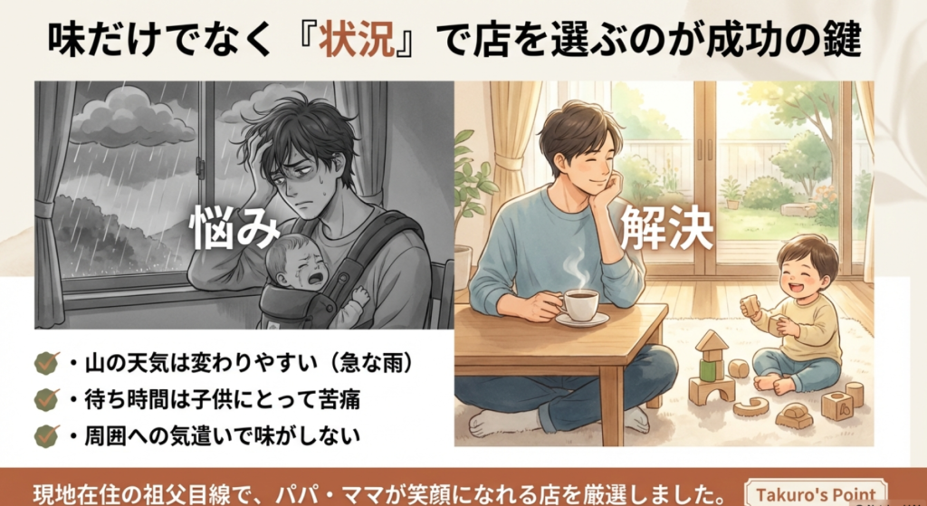 子連れランチの悩みと解決イメージ