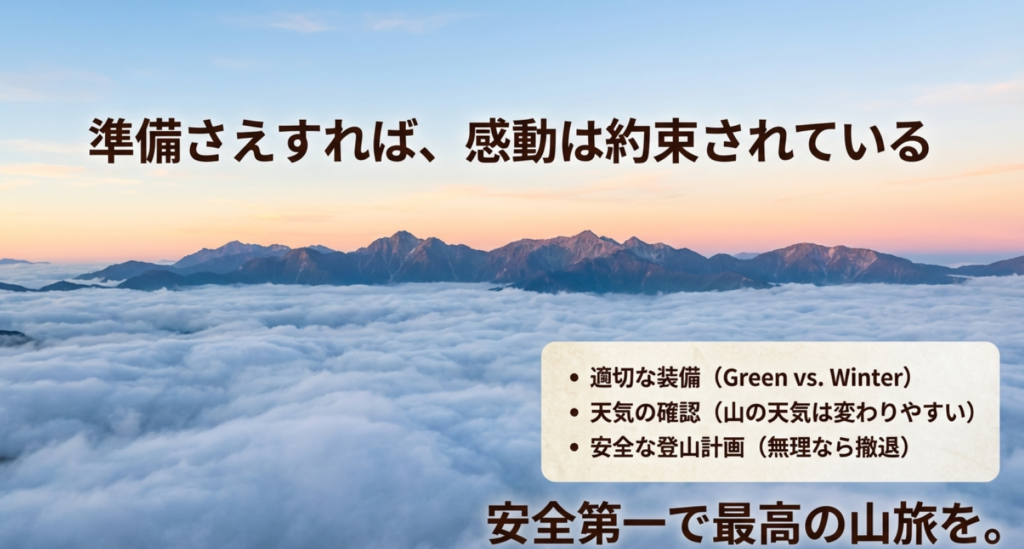 安全な登山計画と適切な装備で天狗岳を楽しむためのまとめスライド